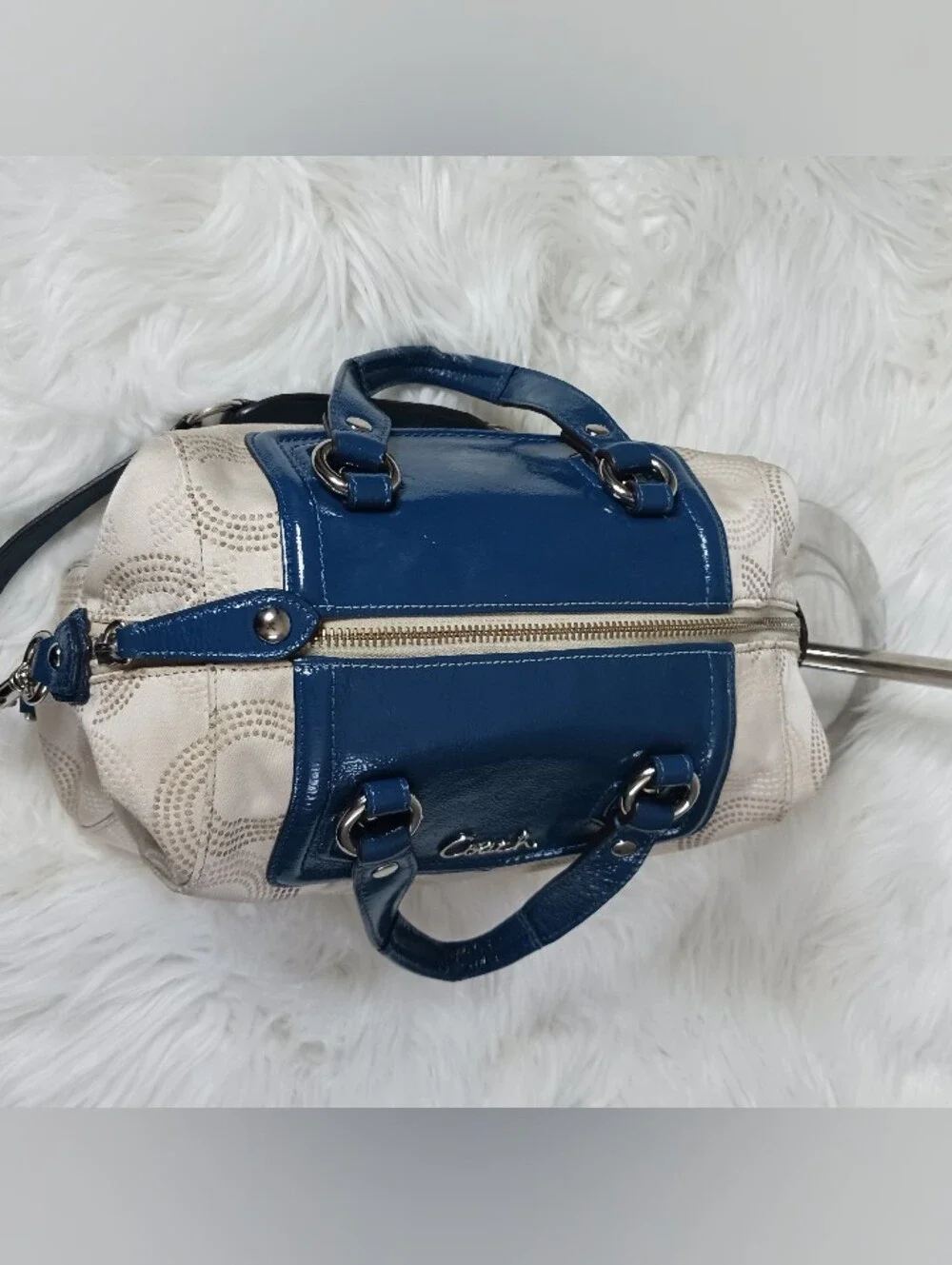 COACH ASHLEY DOTTED OP ART SATCHEL BAG F20027 Light Khaki / Cobalt Blue